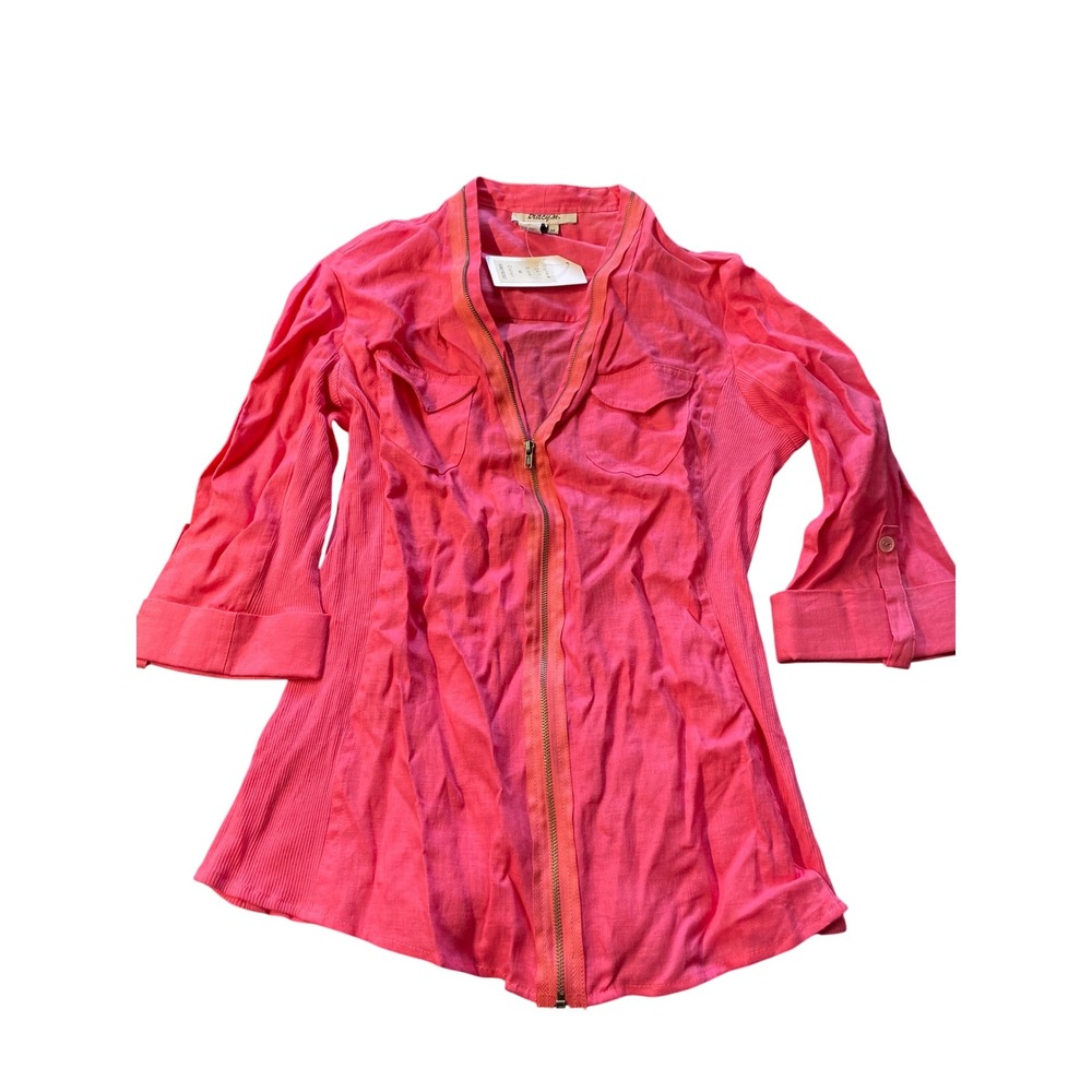 Tracy.m 100% Linen top Pink Collared Zip Front Shirt Women's Size M